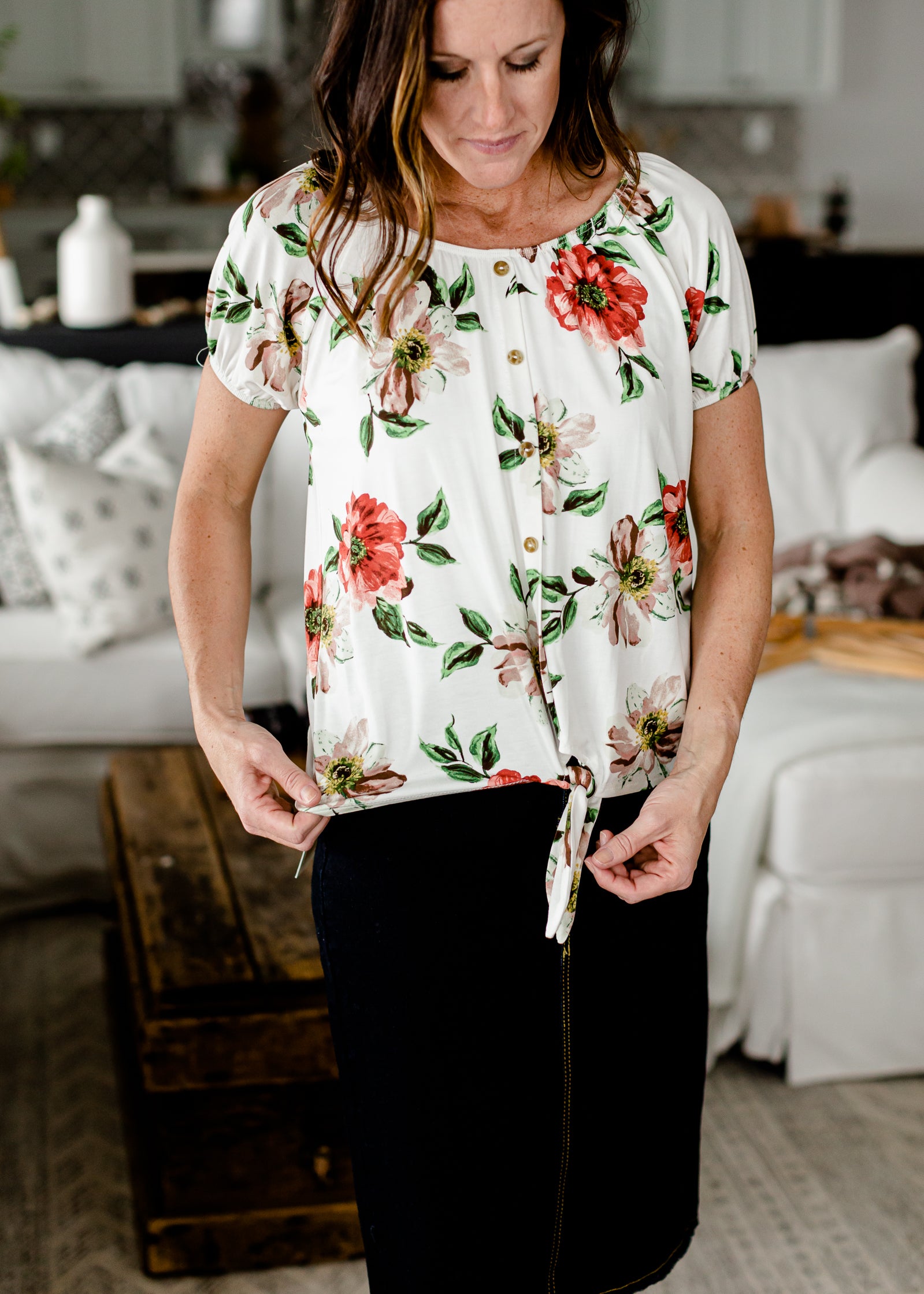 Button Up Ivory Floral Tie Top - FINAL SALE Tops