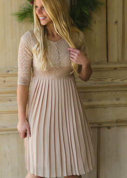 Button Up Lace Pleated Midi Dress Dresses
