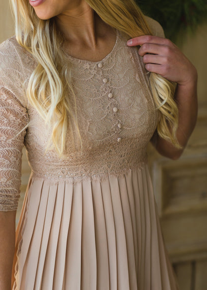 Button Up Lace Pleated Midi Dress Dresses