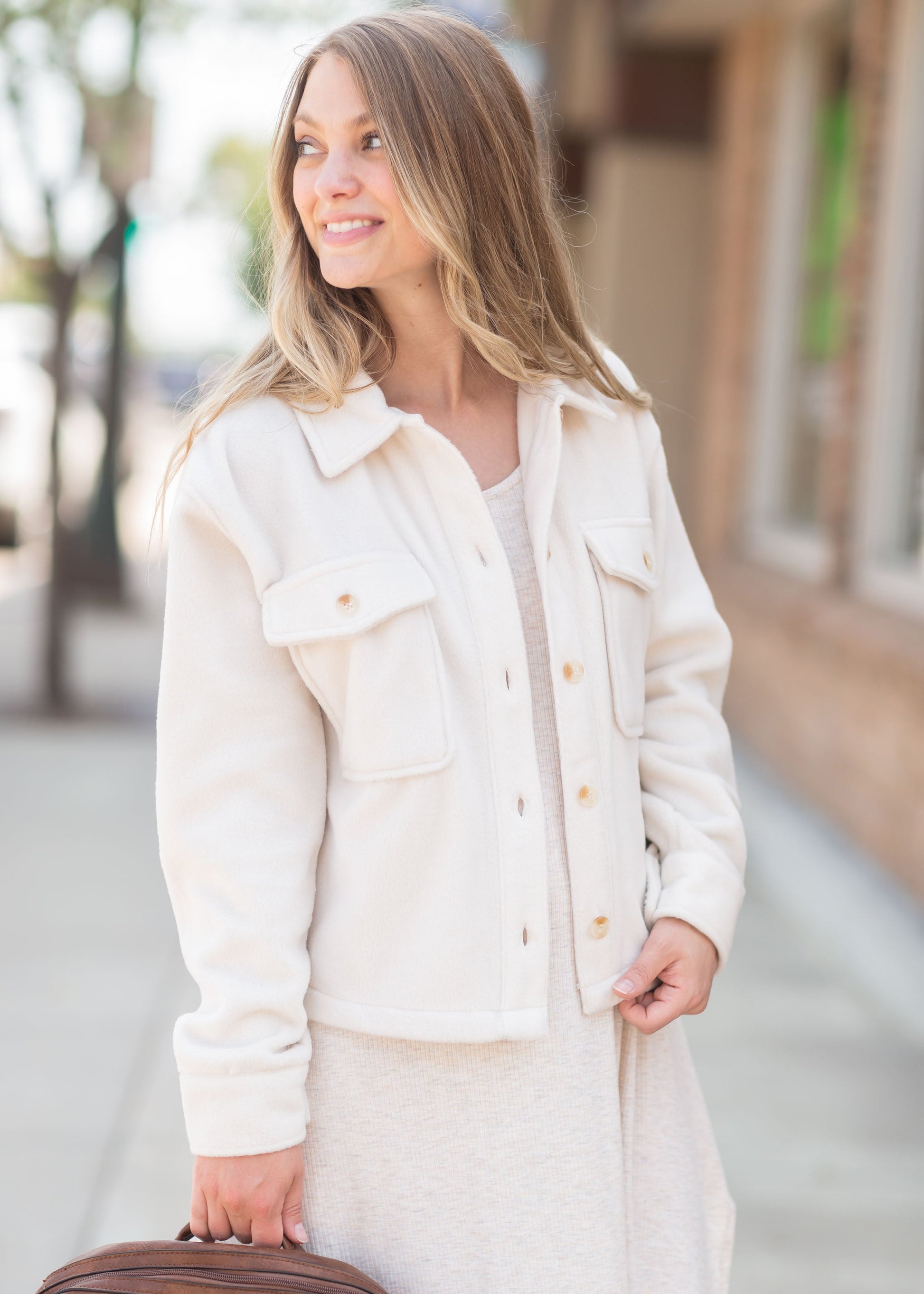 Button Up Long Sleeve Jacket Tops Cream / S