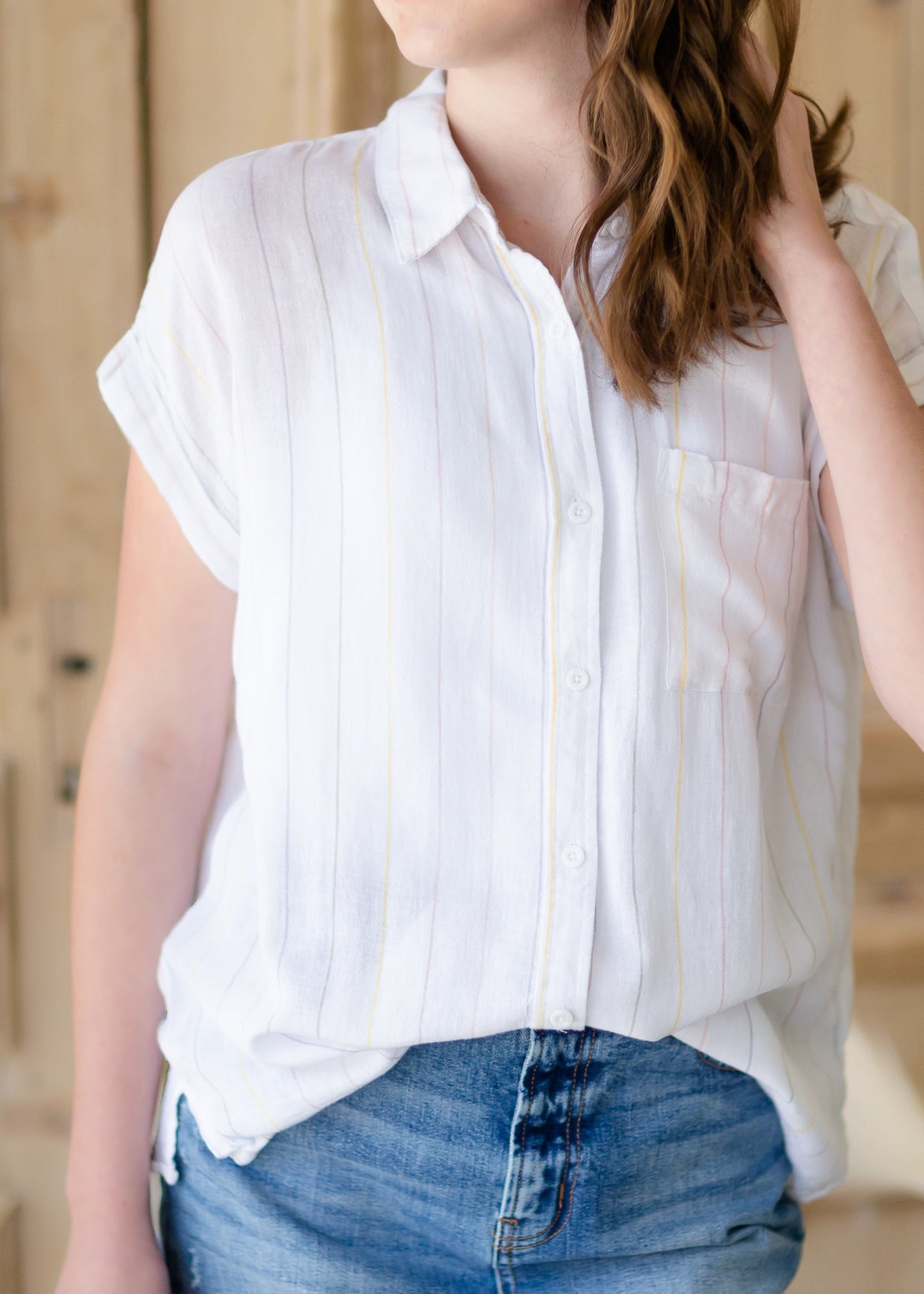 Button Up Muted Rainbow Striped Top - FINAL SALE Tops