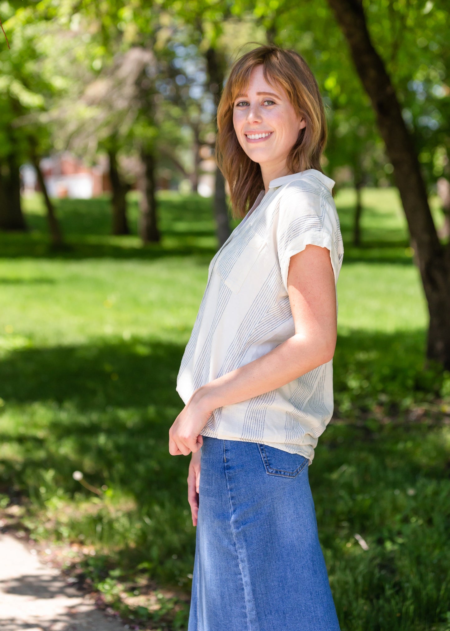 Button Up Oversized Striped Short Sleeve Top - FINAL SALE Tops