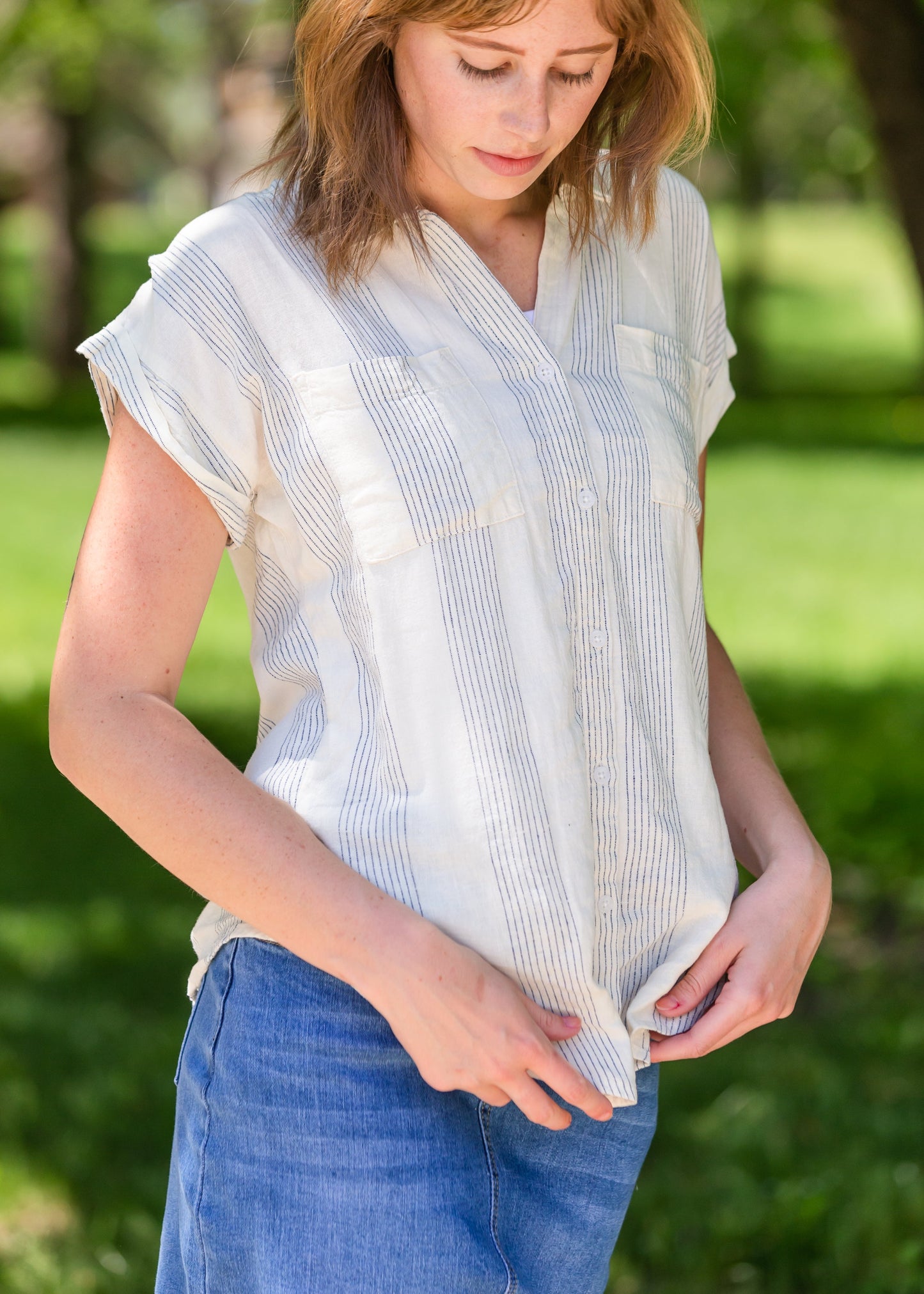 Button Up Oversized Striped Short Sleeve Top - FINAL SALE Tops