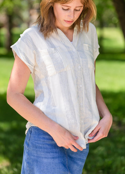 Button Up Oversized Striped Short Sleeve Top - FINAL SALE Tops