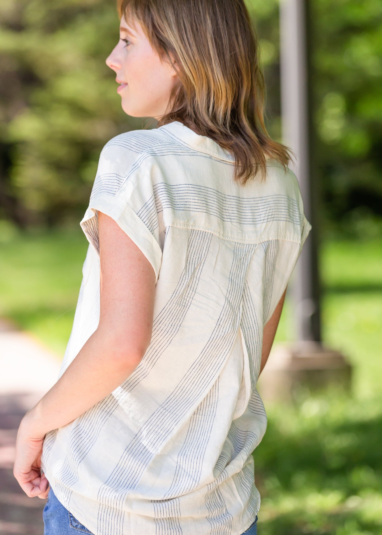 Button Up Oversized Striped Short Sleeve Top - FINAL SALE Tops