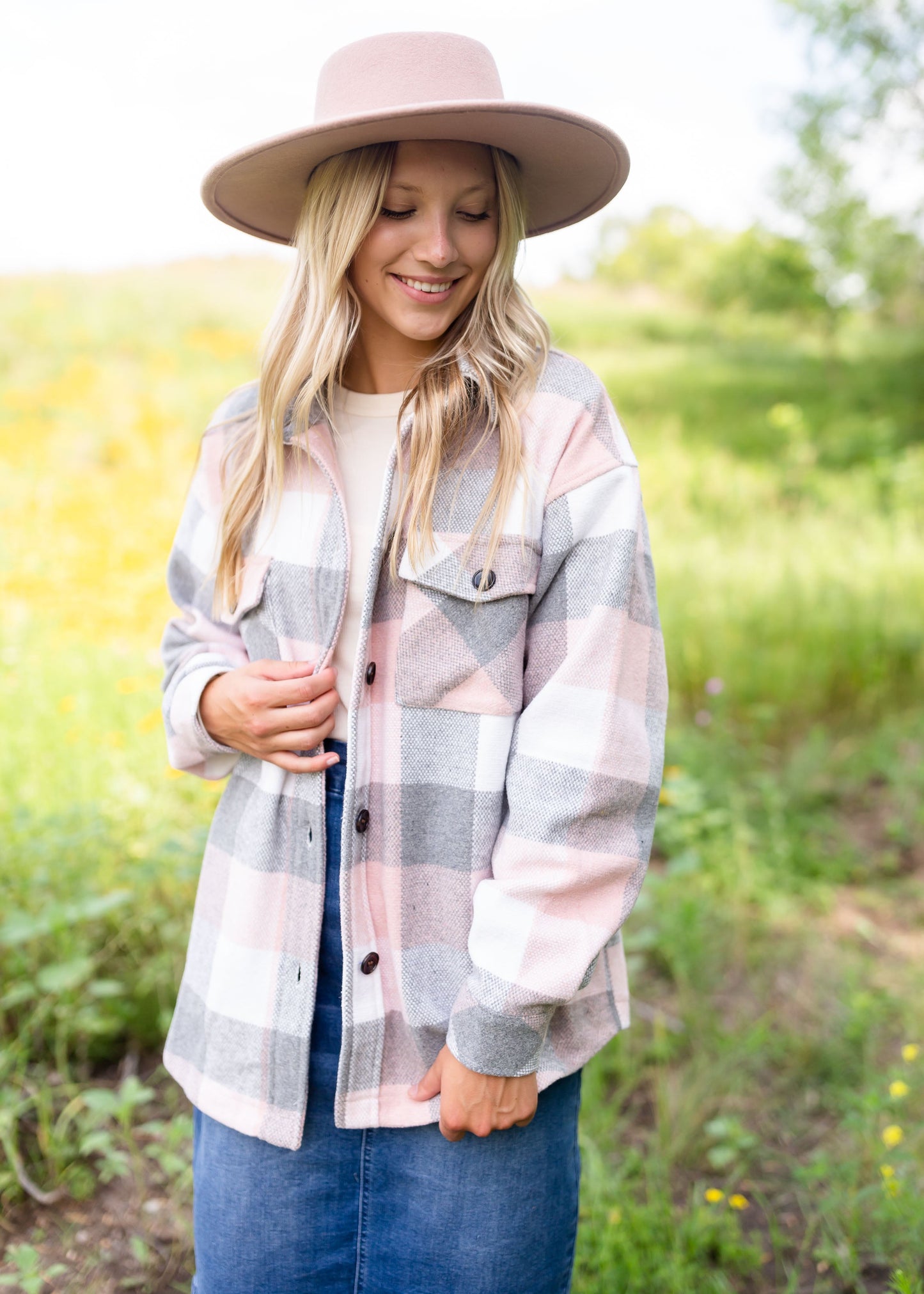 Button Up Plaid Shacket Tops Pink / S