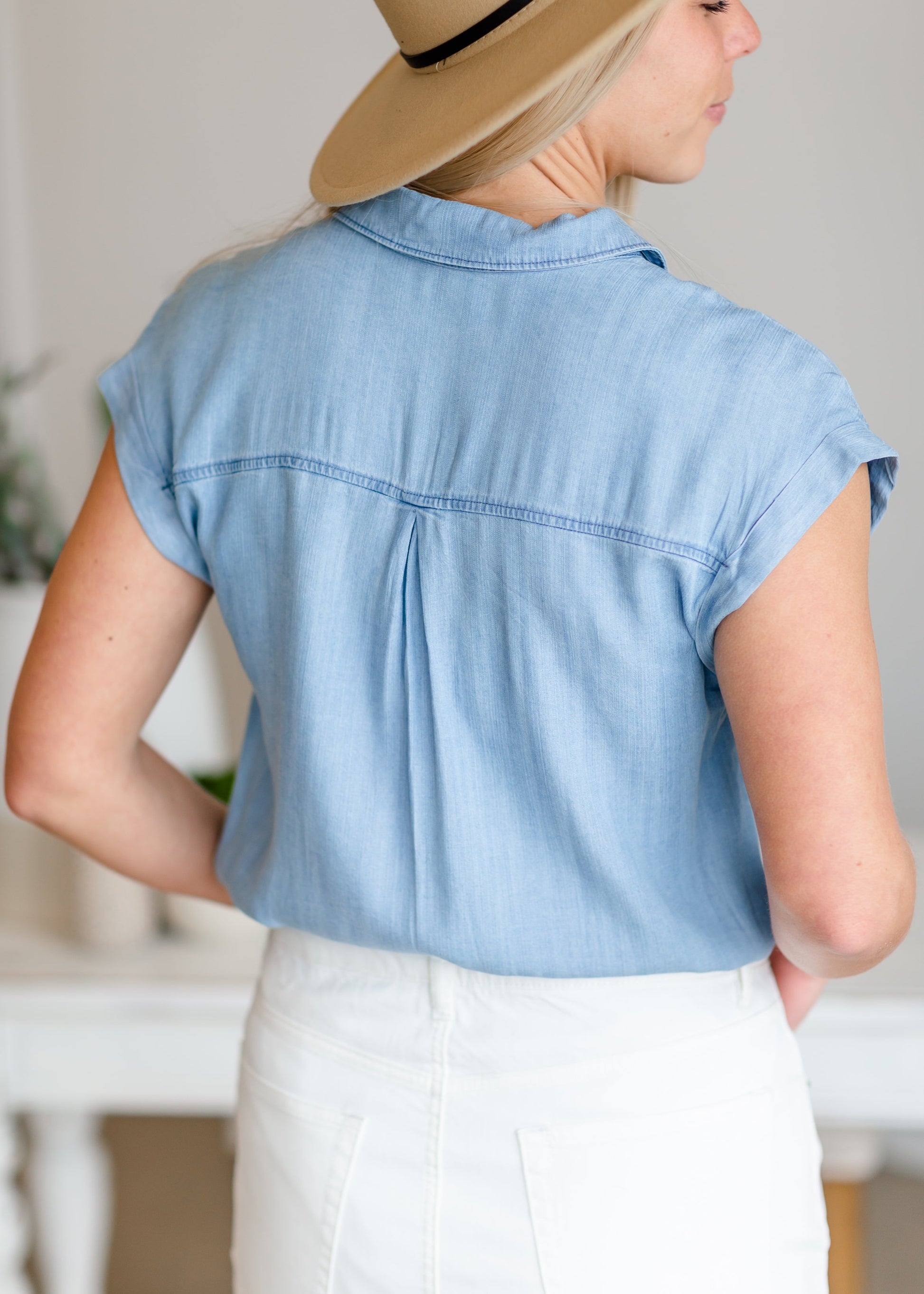 Button Up Pocket Chambray Top Tops