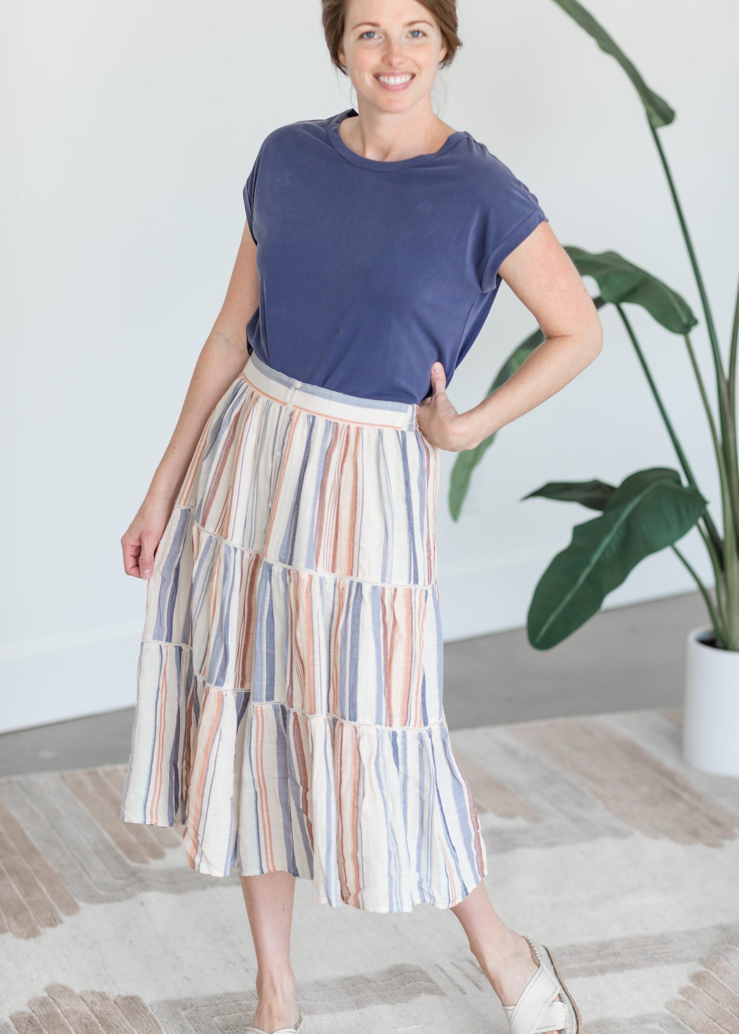 Button Up Tiered Striped Skirt Skirts