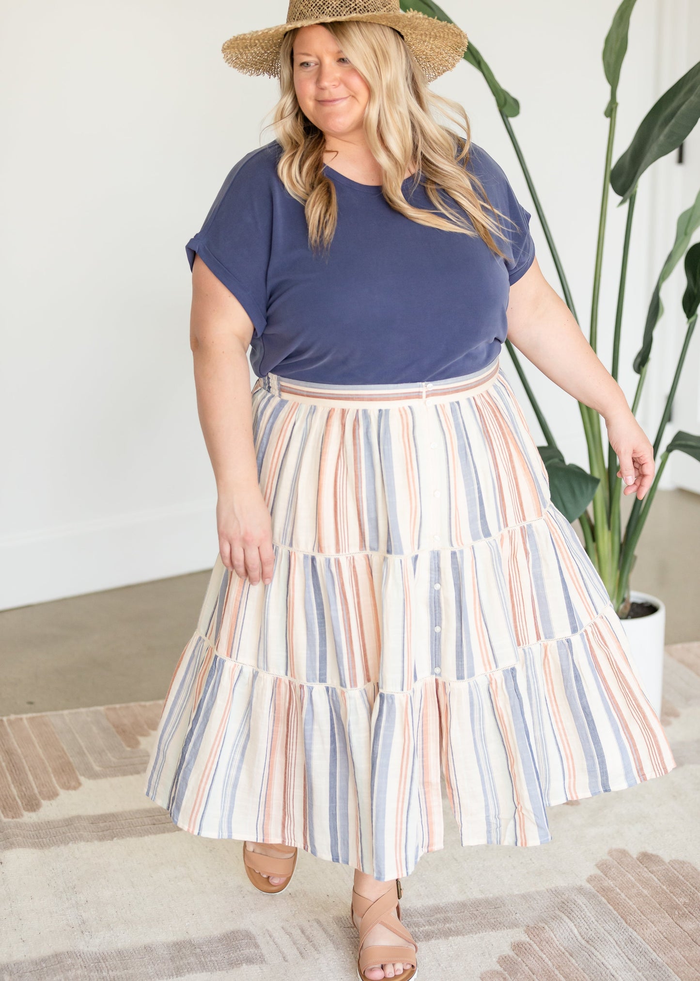 Button Up Tiered Striped Skirt Skirts