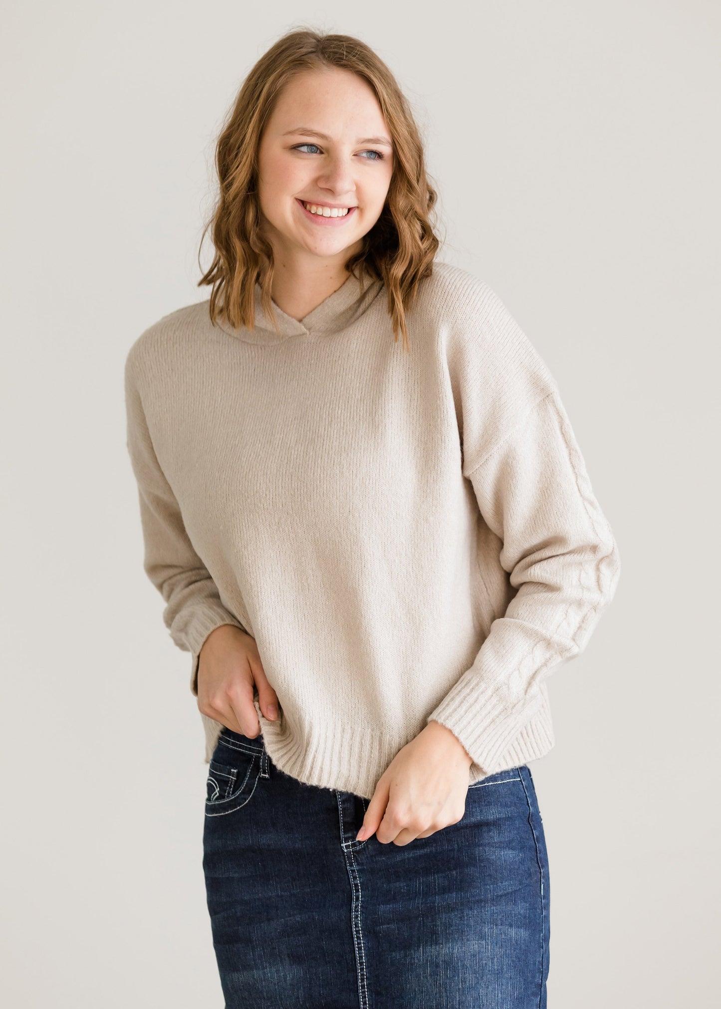 Cable Sleeve Hooded Sweater - FINAL SALE Tops