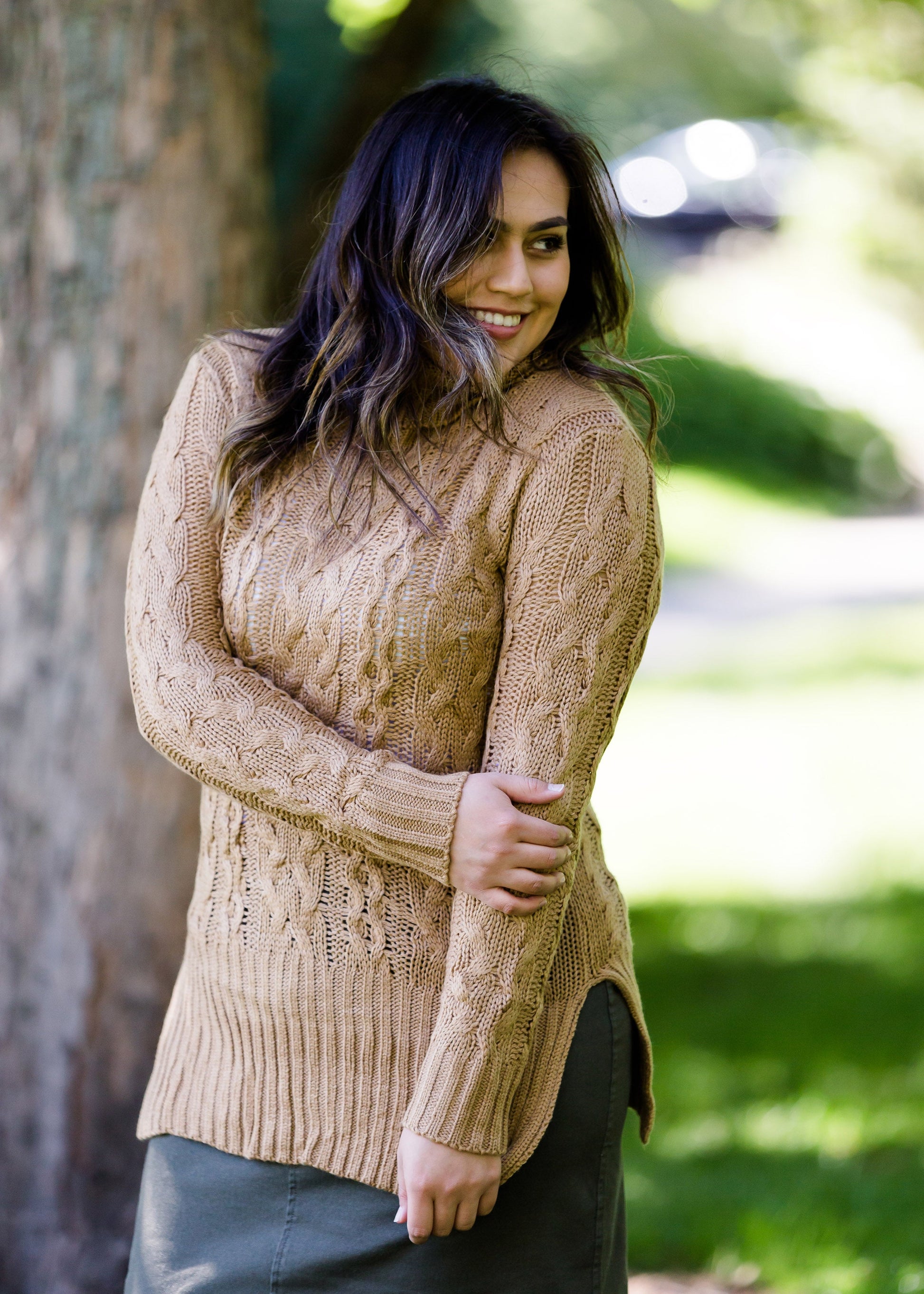 women's cable knit taupe or plum sweater