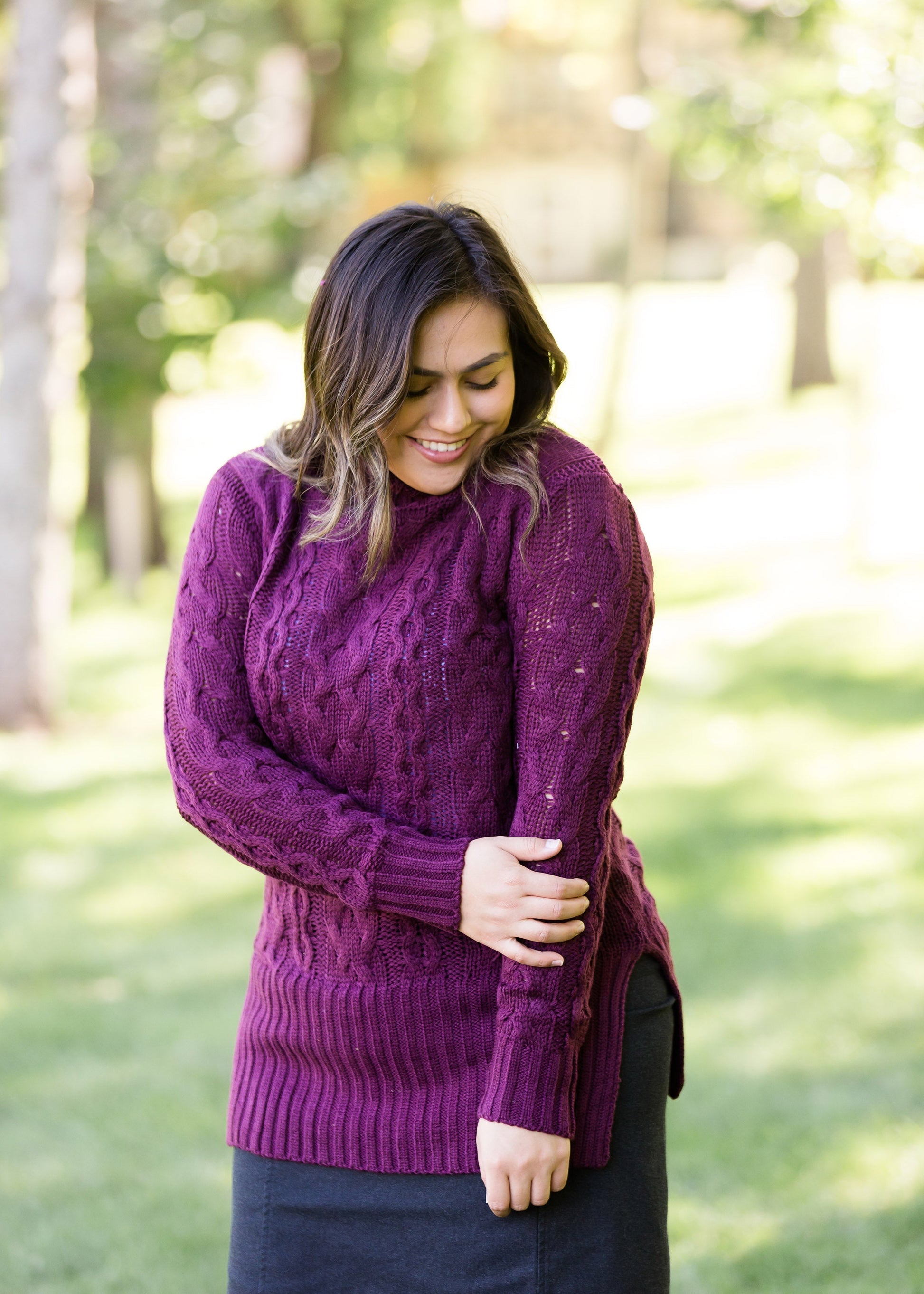 women's cable knit taupe or plum sweater