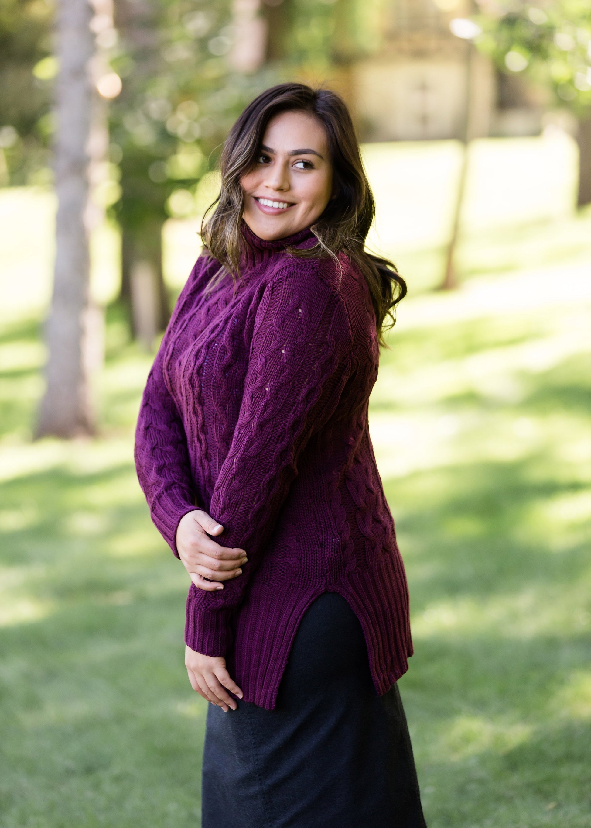 women's cable knit taupe or plum sweater