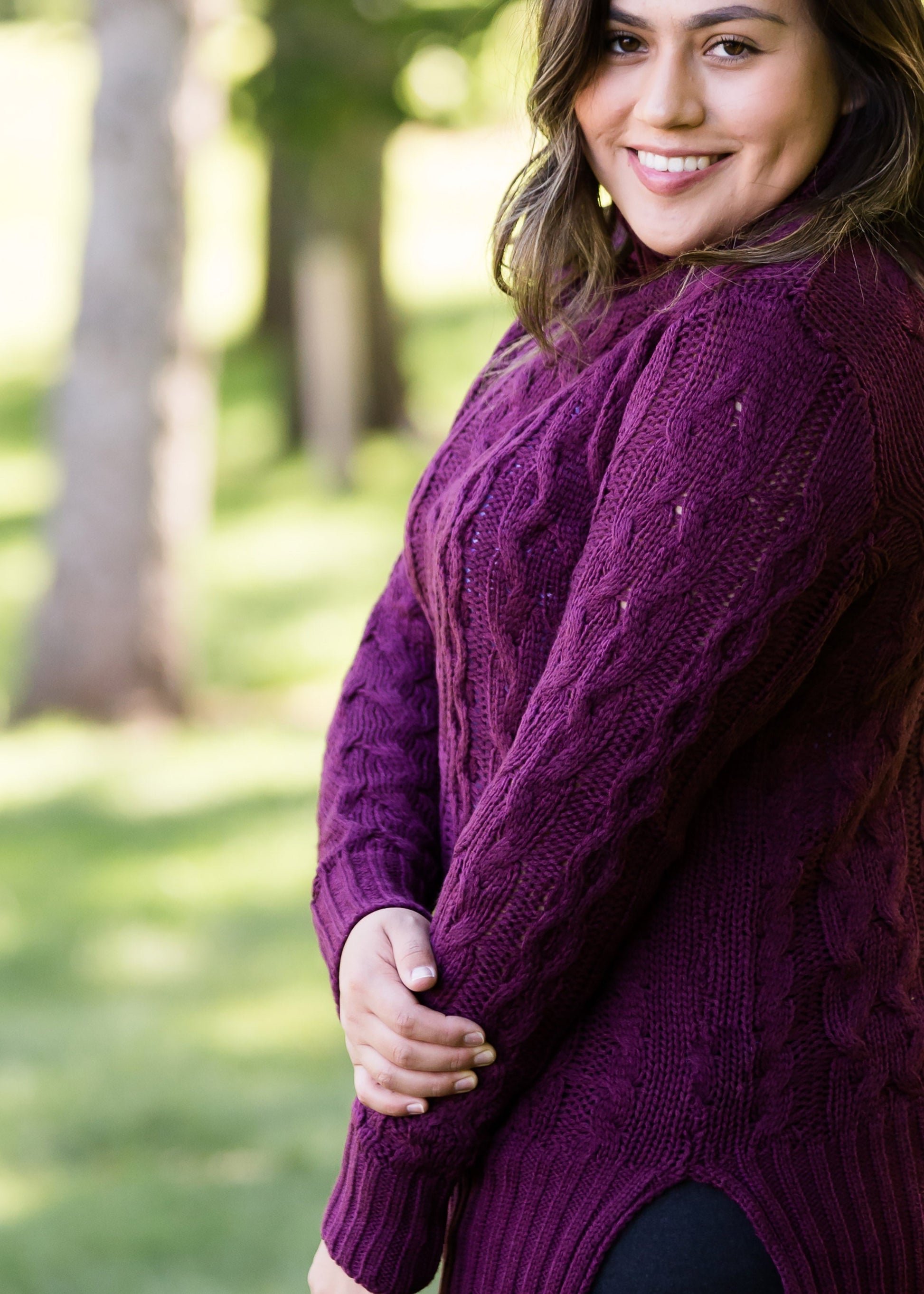 women's cable knit taupe or plum sweater