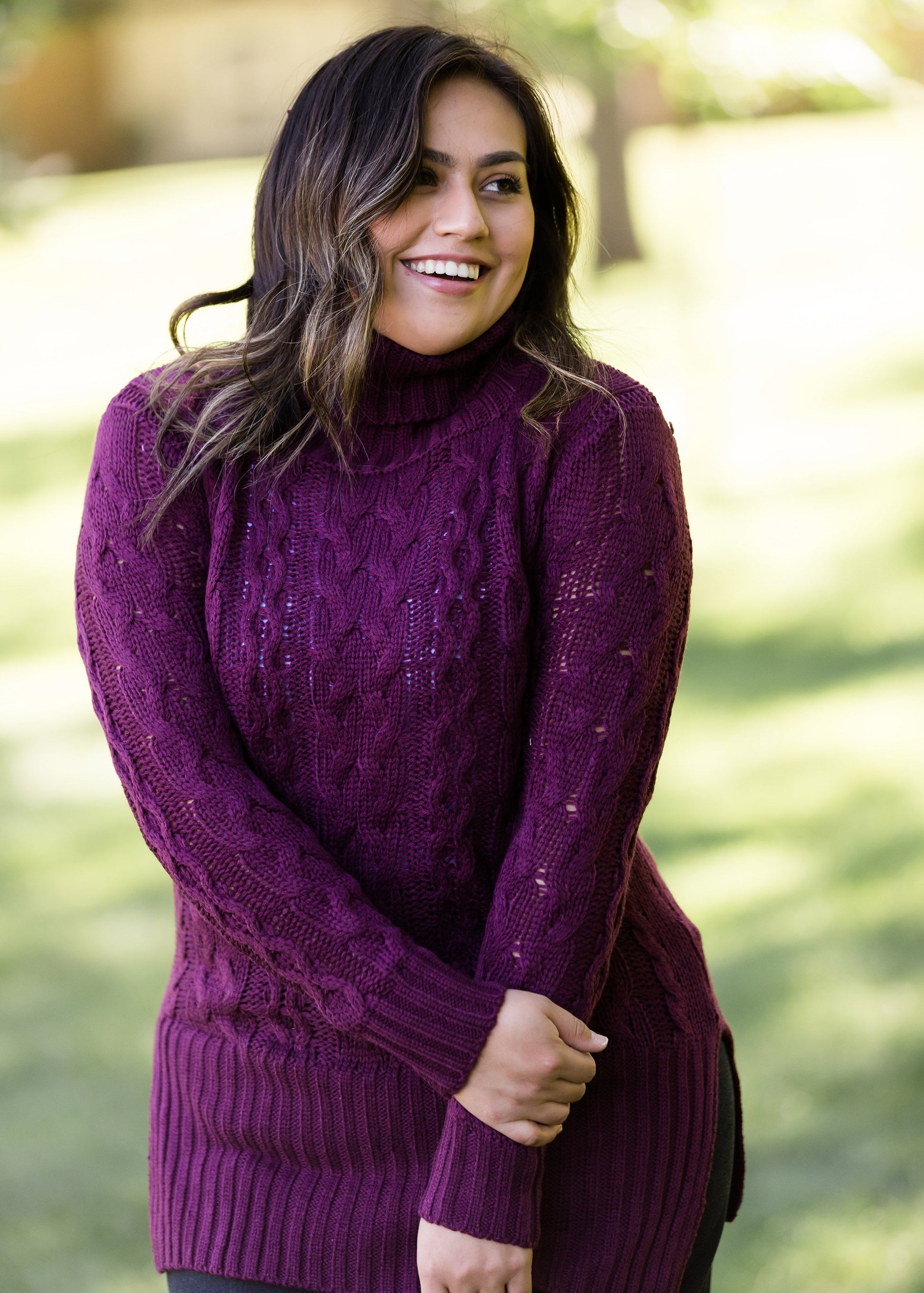 women's cable knit taupe or plum sweater