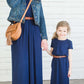 Modest women's maxi dress in peach, navy or black. 2 hidden side seam pockets, elastic waist and short sleeves.