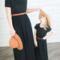 Modest women's maxi dress in peach, navy or black. 2 hidden side seam pockets, elastic waist and short sleeves.