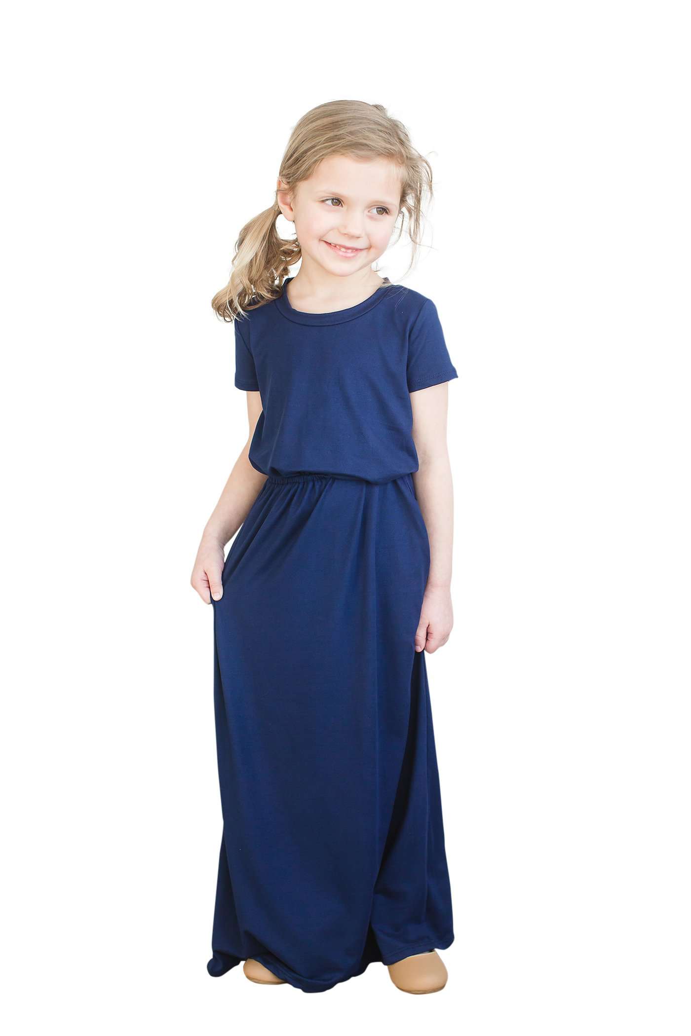 Modest girl's maxi dress in peach, navy or black. 2 hidden side seam pockets, elastic waist and short sleeves.