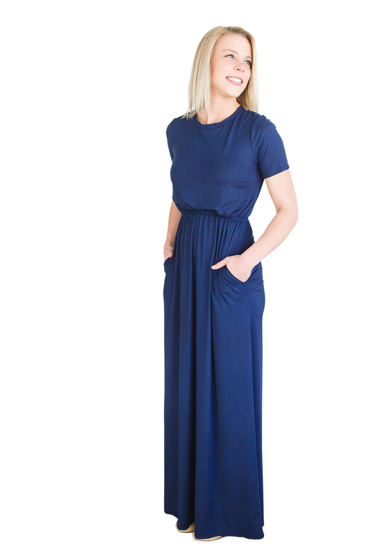 Modest women's maxi dress in peach, navy or black. 2 hidden side seam pockets, elastic waist and short sleeves.