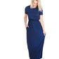 Modest women's maxi dress in peach, navy or black. 2 hidden side seam pockets, elastic waist and short sleeves.