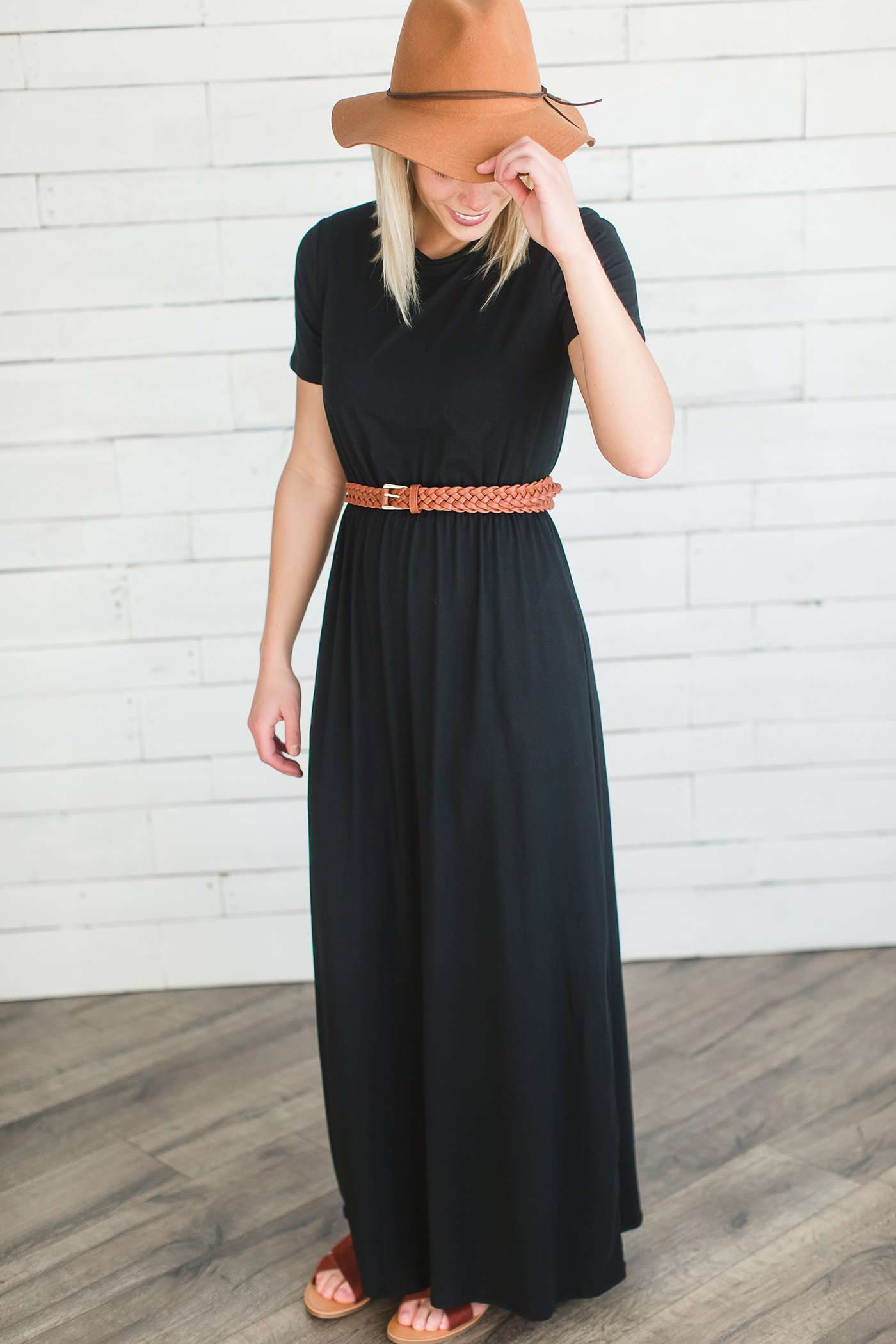 Modest women's maxi dress in peach, navy or black. 2 hidden side seam pockets, elastic waist and short sleeves.