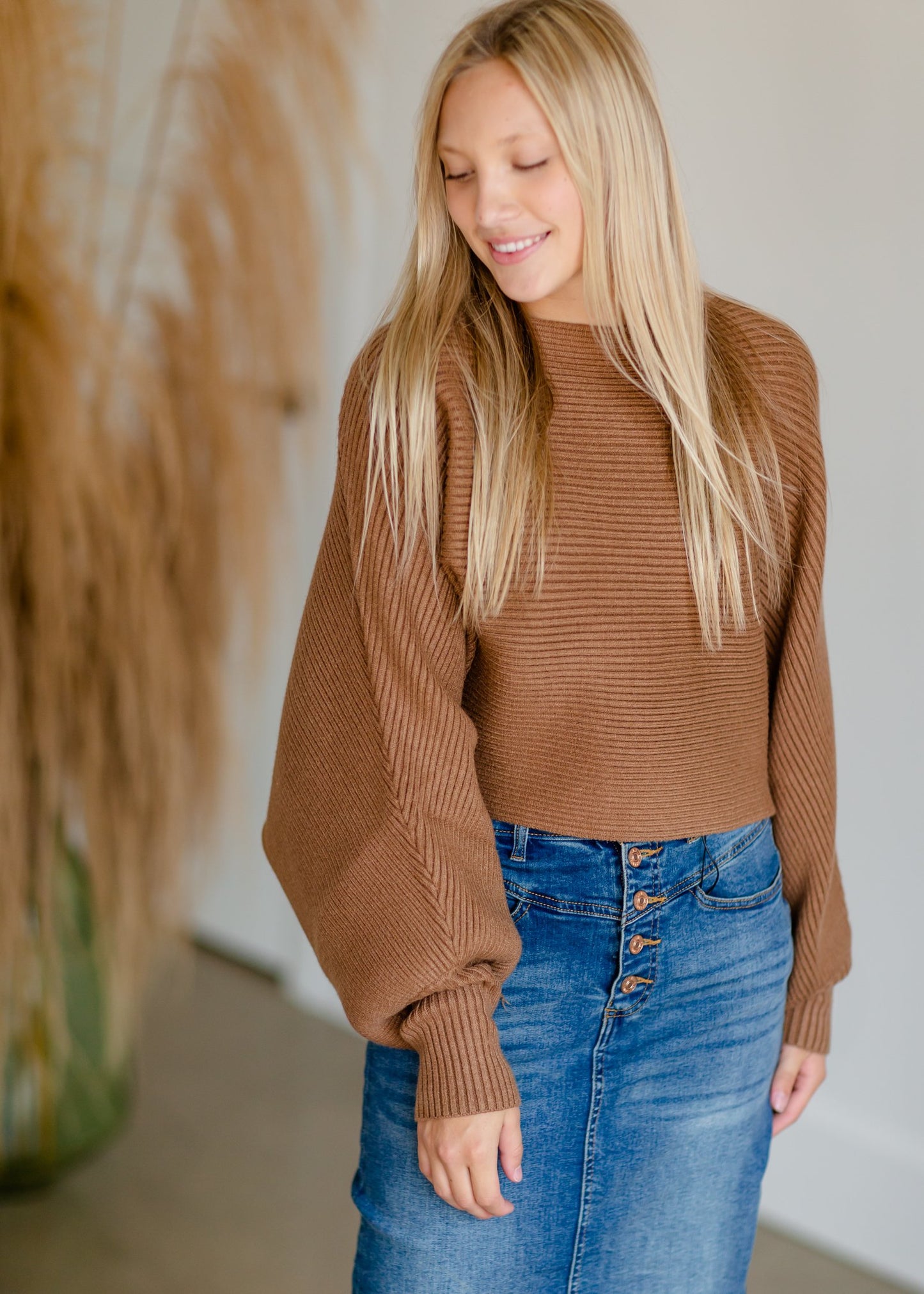 Camel Balloon Sleeve Knit Sweater Tops LUSH