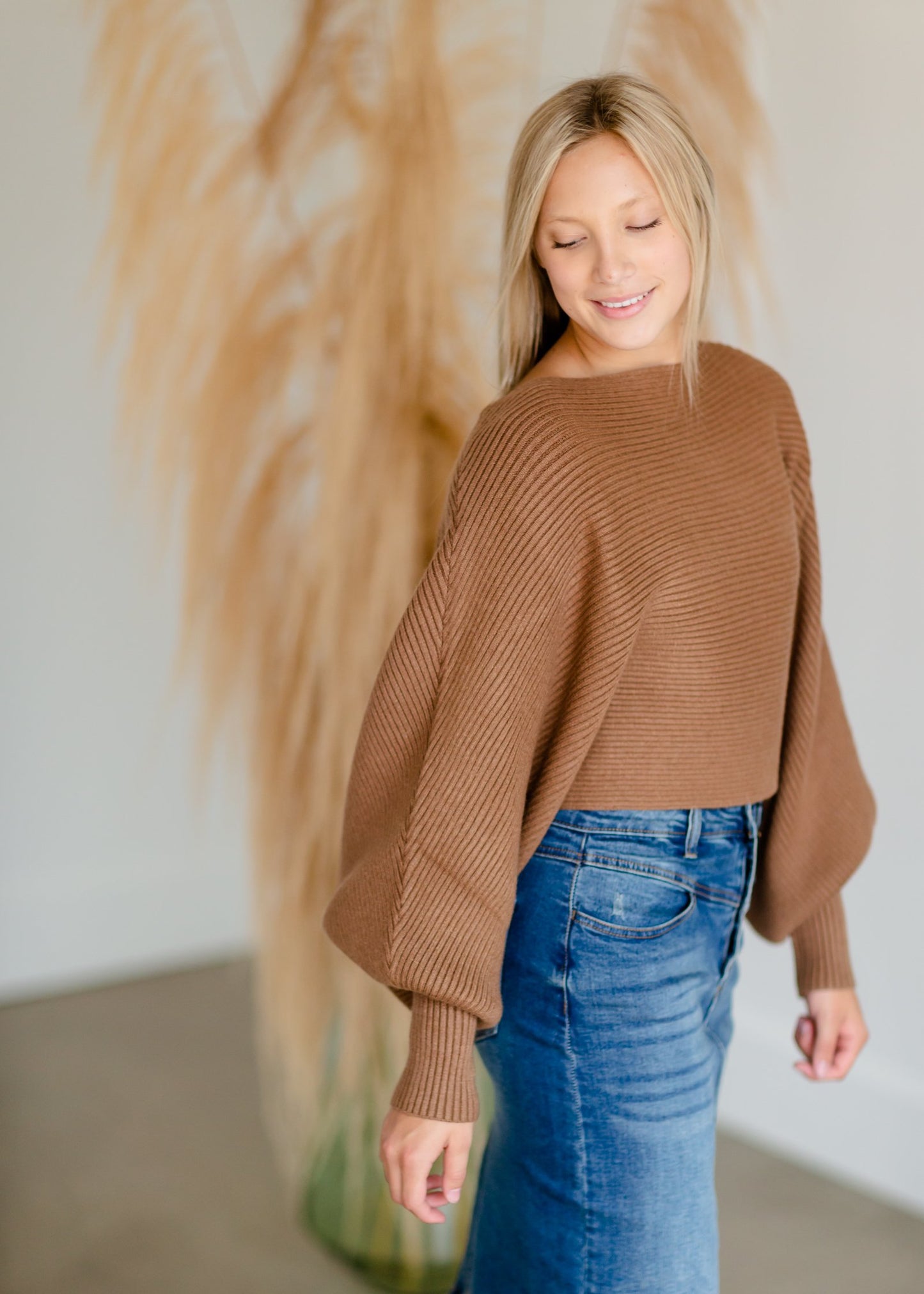 Camel Balloon Sleeve Knit Sweater Tops LUSH