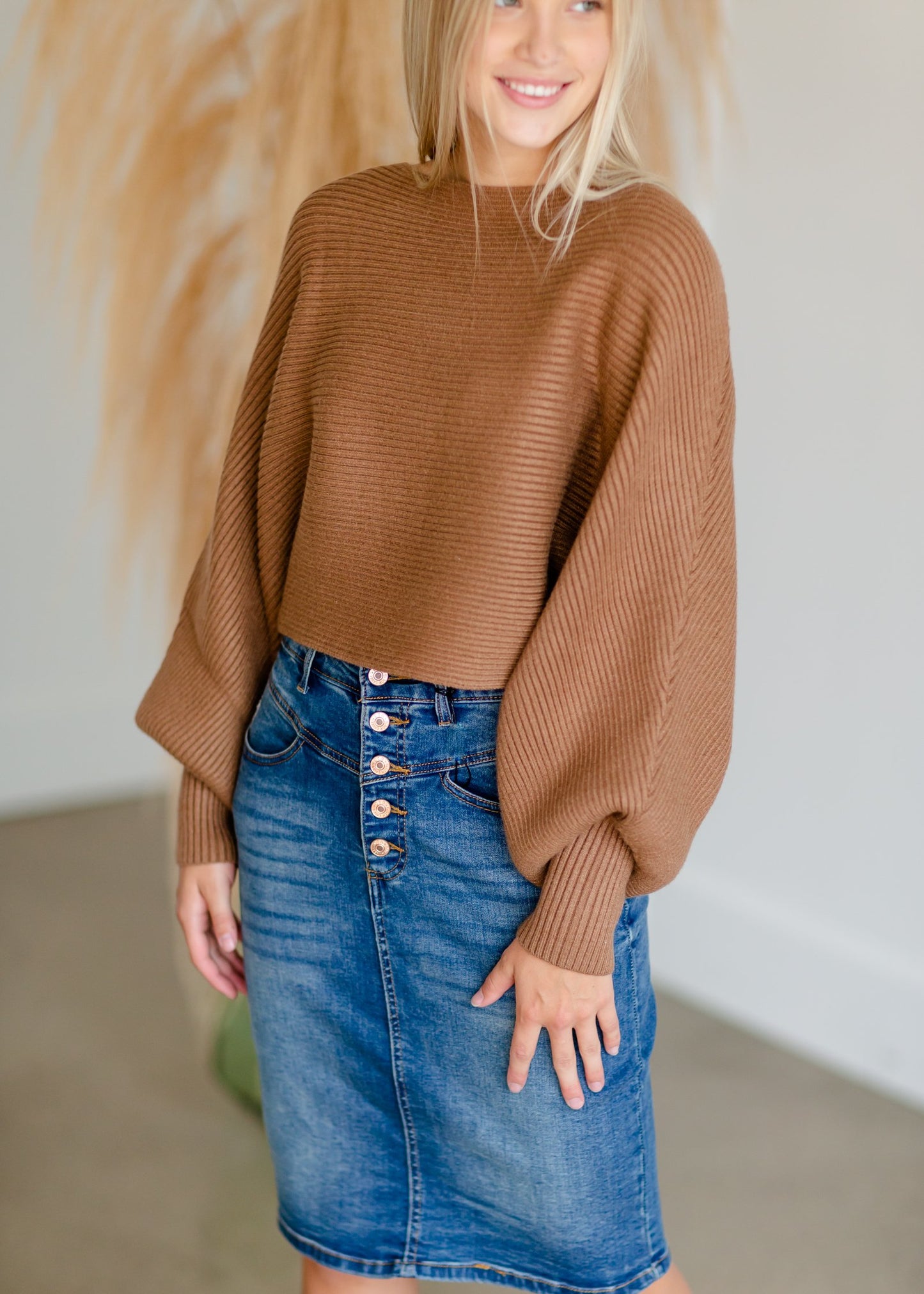 Camel Balloon Sleeve Knit Sweater Tops LUSH