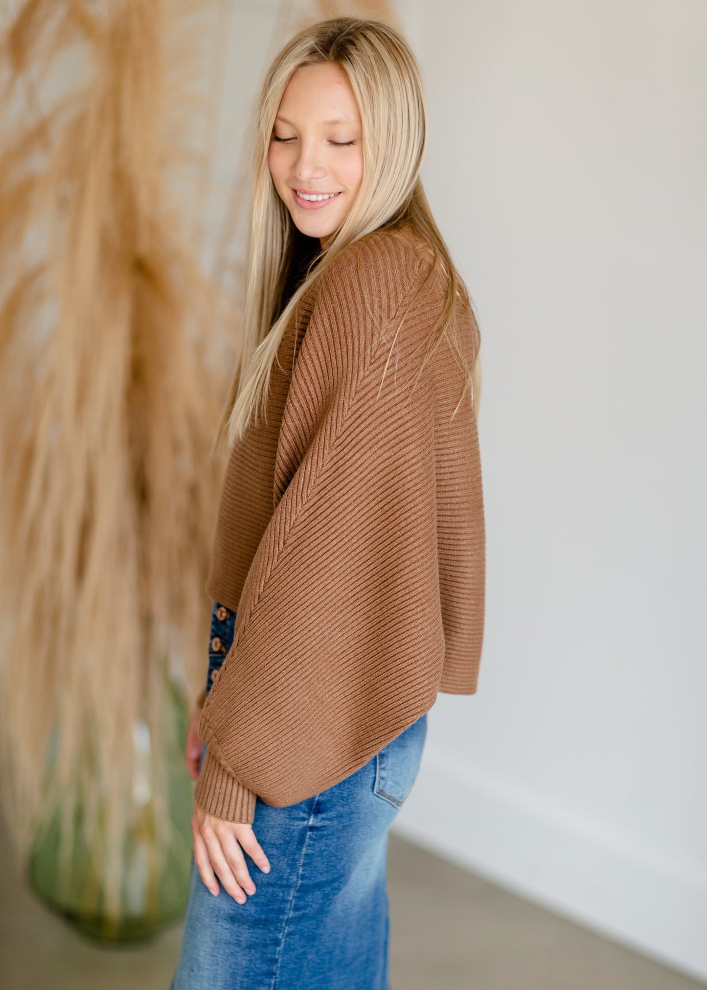 Camel Balloon Sleeve Knit Sweater Tops LUSH