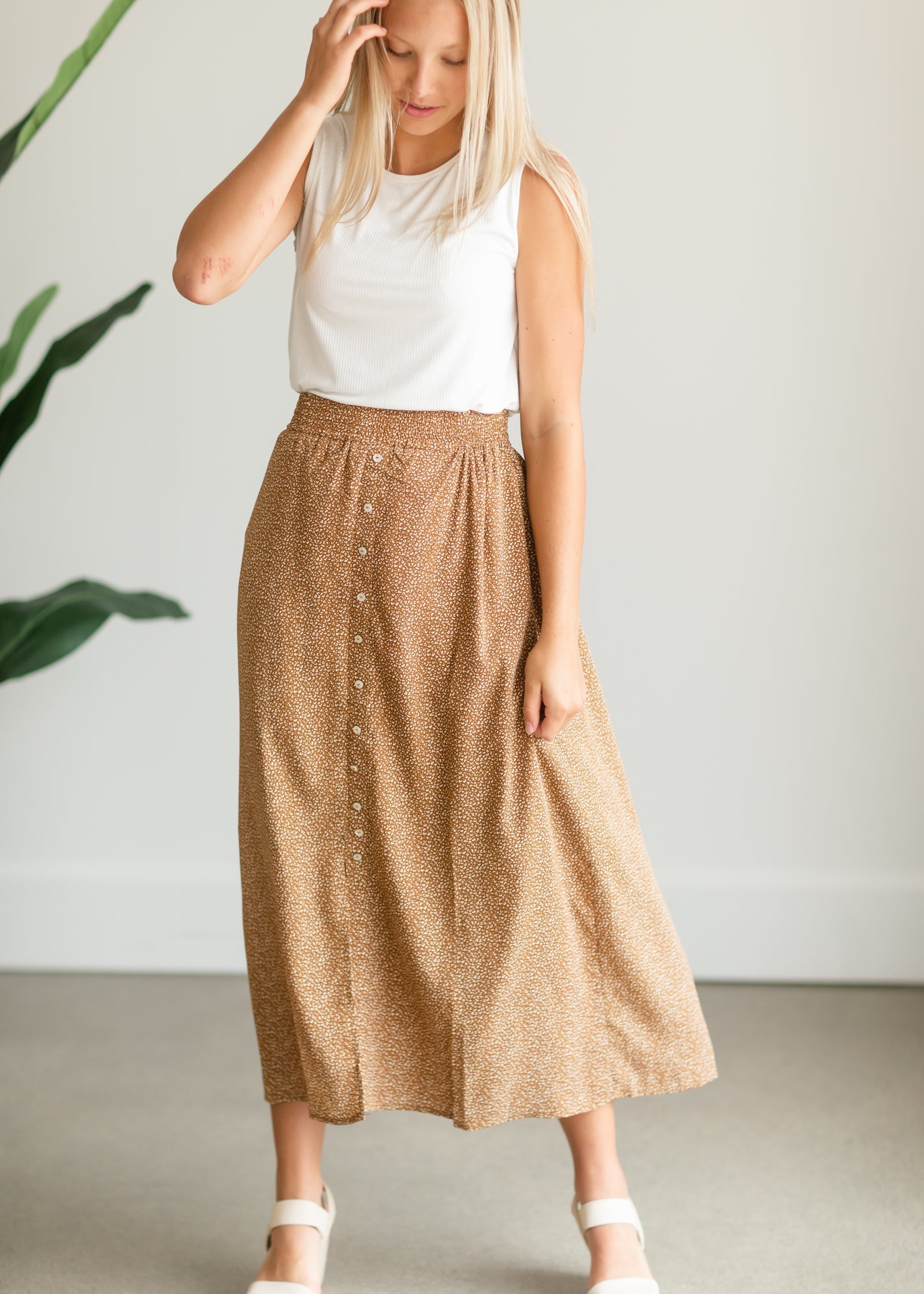 Camel Button Front Patterned Maxi Skirt Skirts