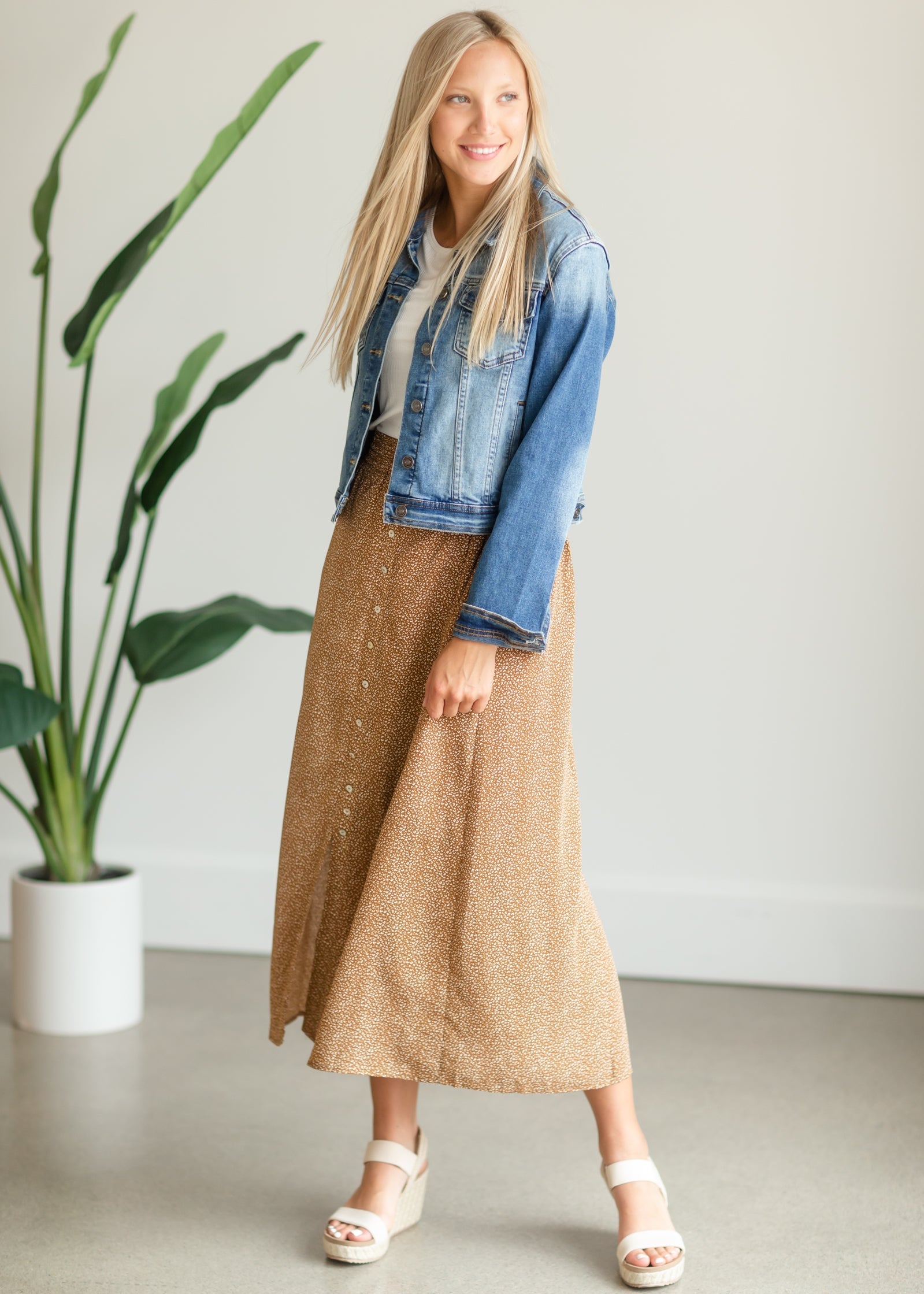 Camel Button Front Patterned Maxi Skirt Skirts