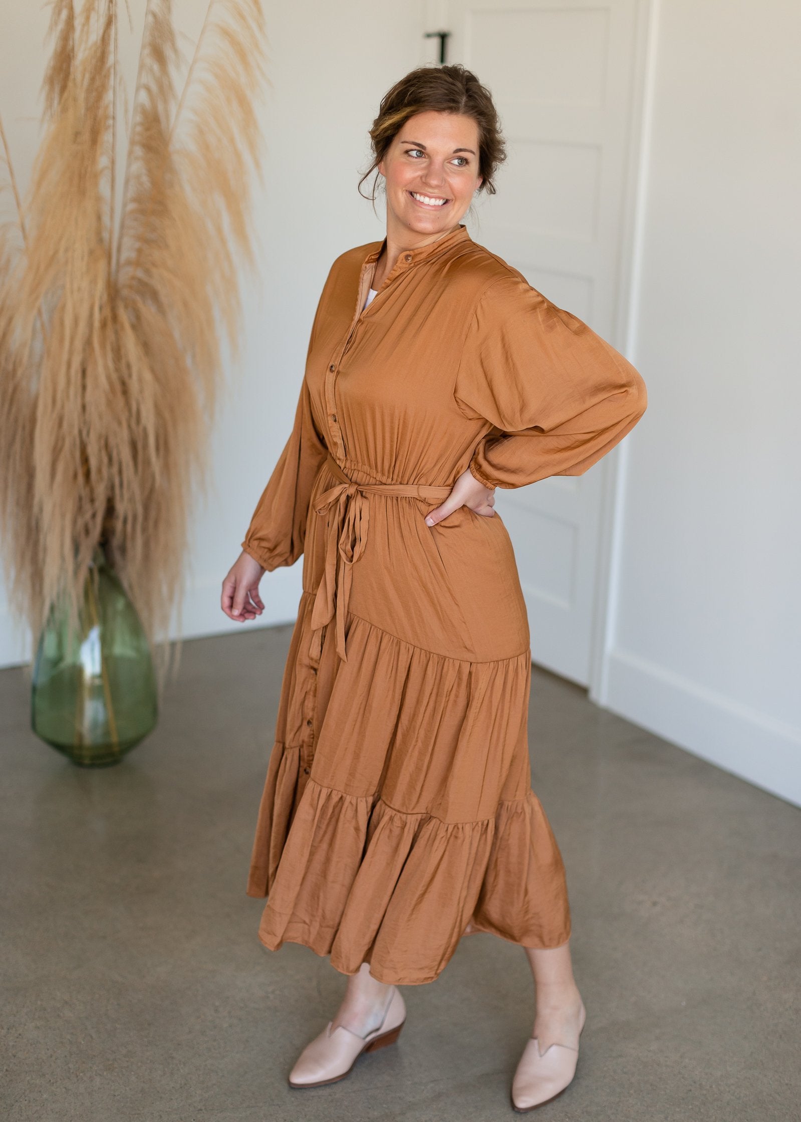 Camel Button Up Crinkle Tiered Midi Dress Dresses Dress Forum