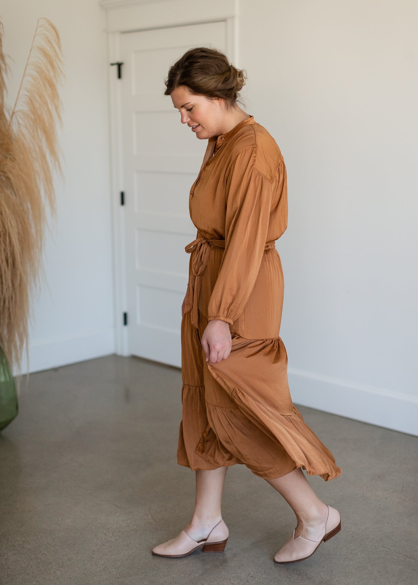 Camel Button Up Crinkle Tiered Midi Dress Dresses Dress Forum