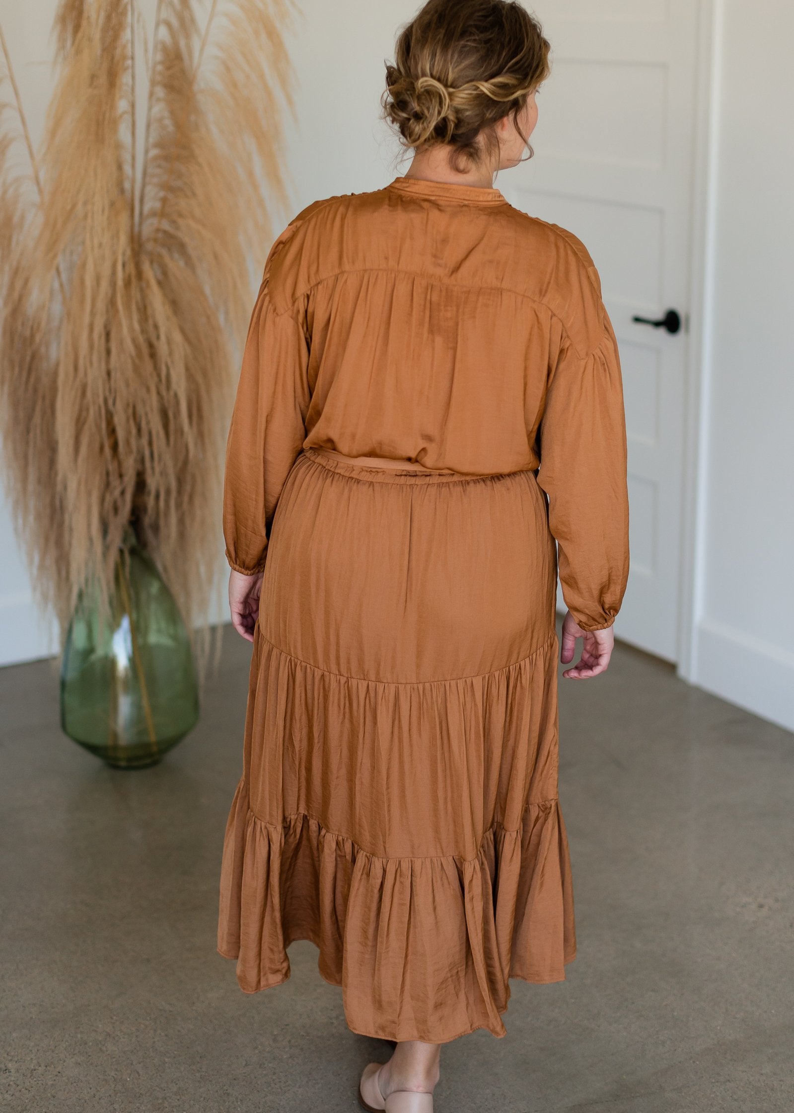 Camel Button Up Crinkle Tiered Midi Dress Dresses Dress Forum