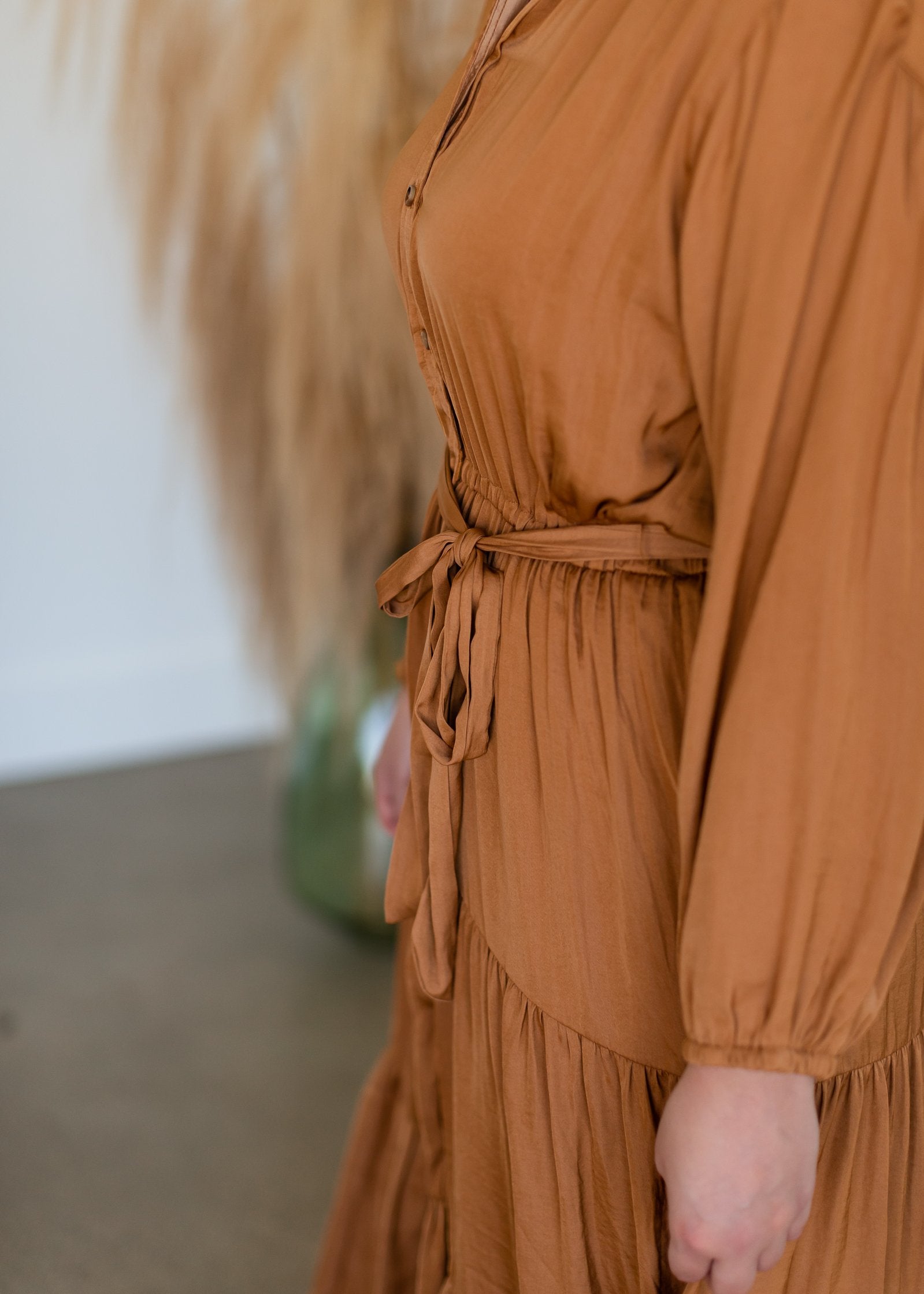 Camel Button Up Crinkle Tiered Midi Dress Dresses Dress Forum