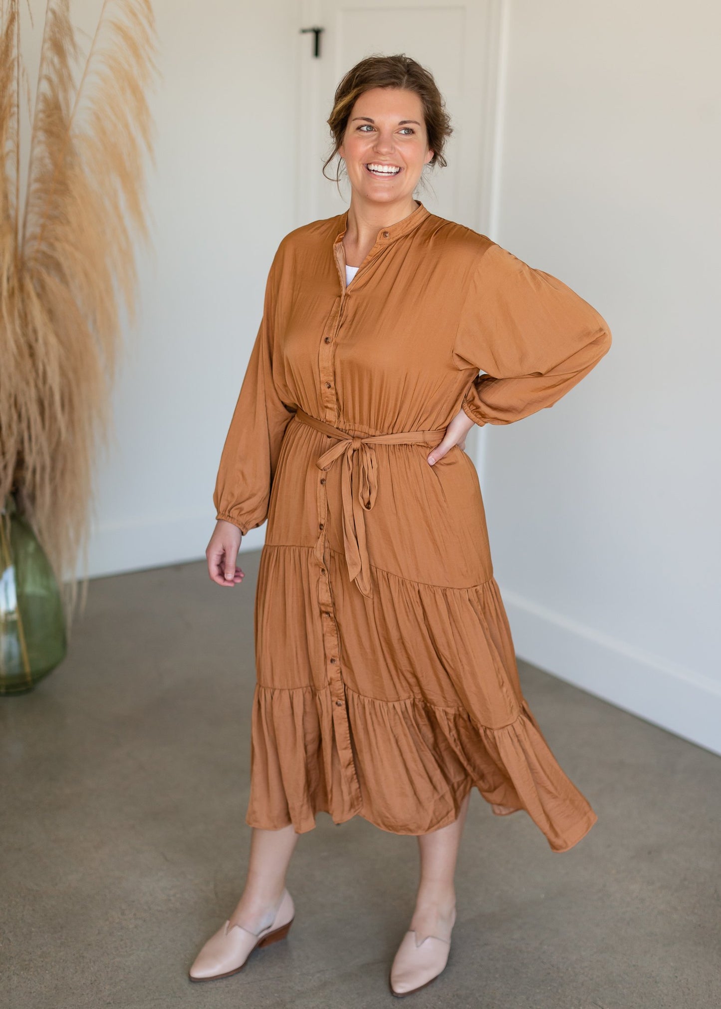 Camel Button Up Crinkle Tiered Midi Dress Dresses Dress Forum