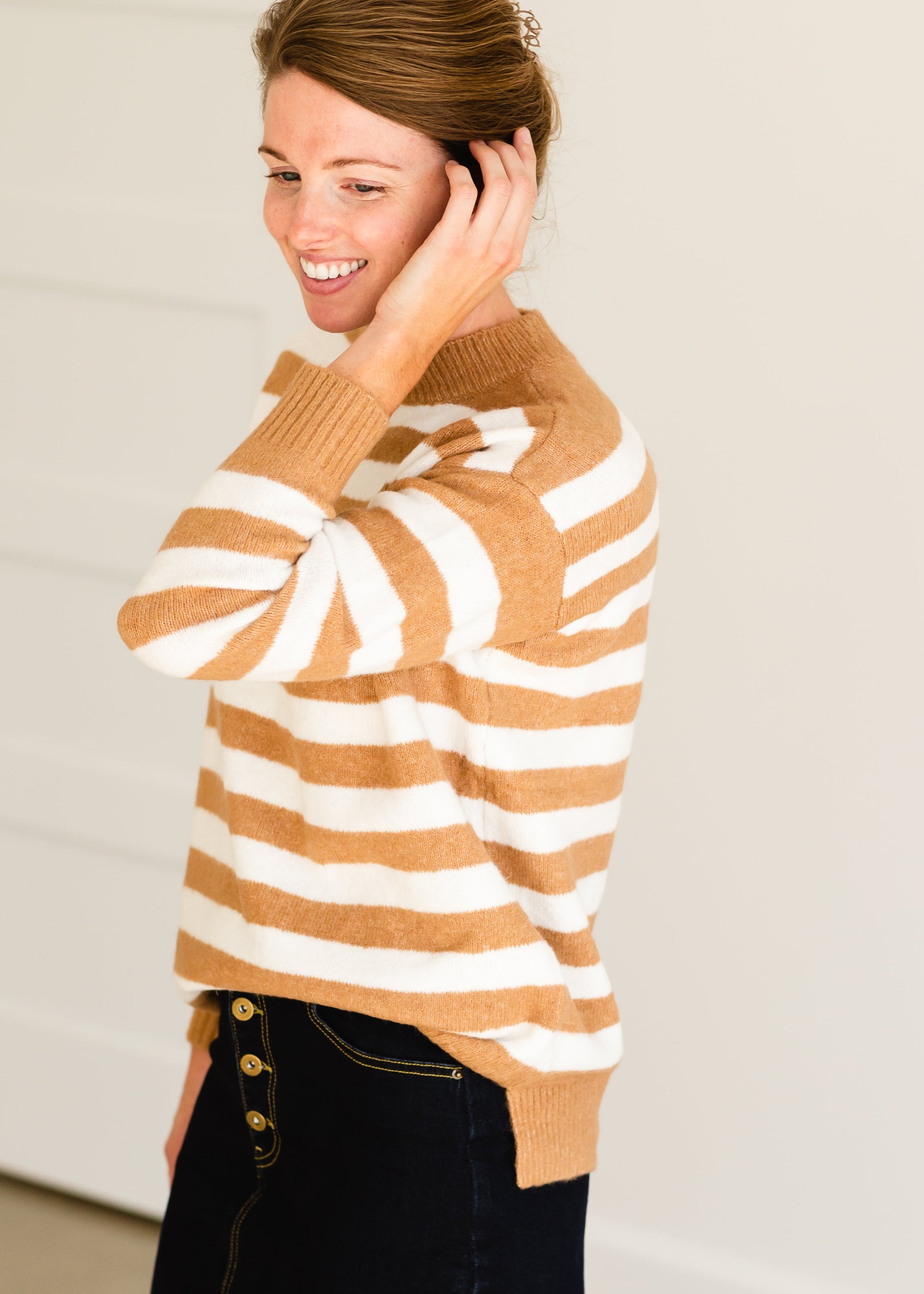 Camel Crew Neck Striped Sweater - FINAL SALE Tops