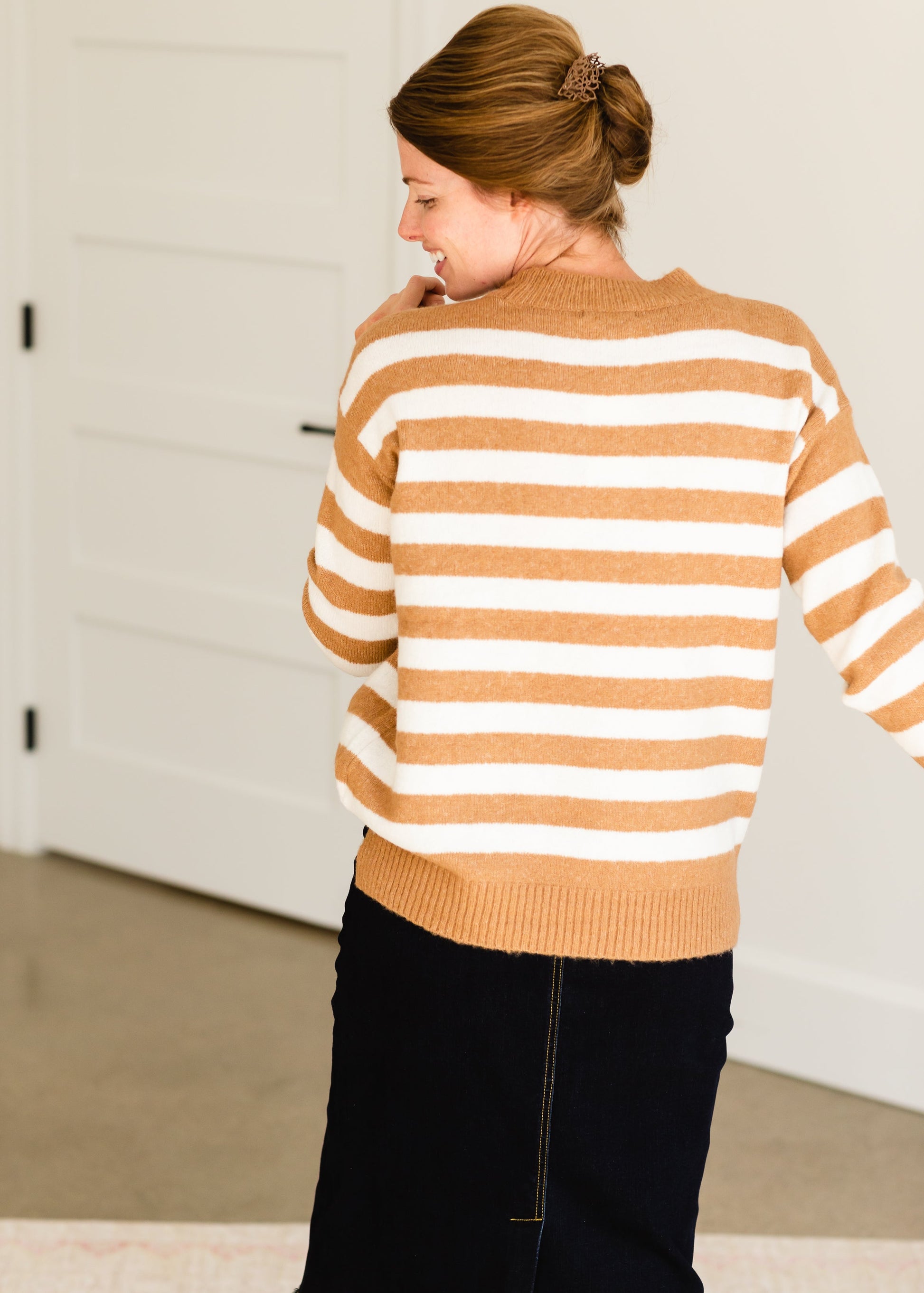Camel Crew Neck Striped Sweater - FINAL SALE Tops
