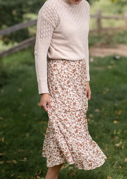 Camel Floral Ruffled Tiered Elastic Waist Midi Skirt Skirts Hayden Los Angeles