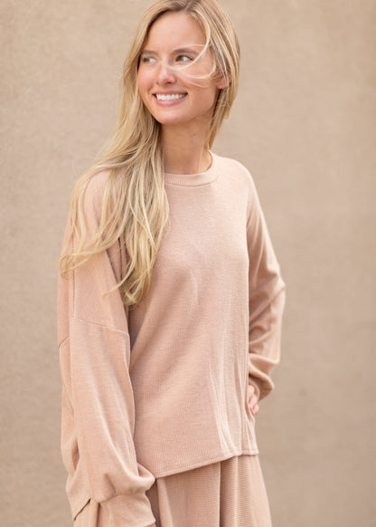 Camel Long Sleeve Ribbed Sweater Tops