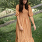 Camel Smocked Bodice Square Neck Midi Dress Dresses Polagram