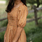 Camel Smocked Bodice Square Neck Midi Dress Dresses Polagram