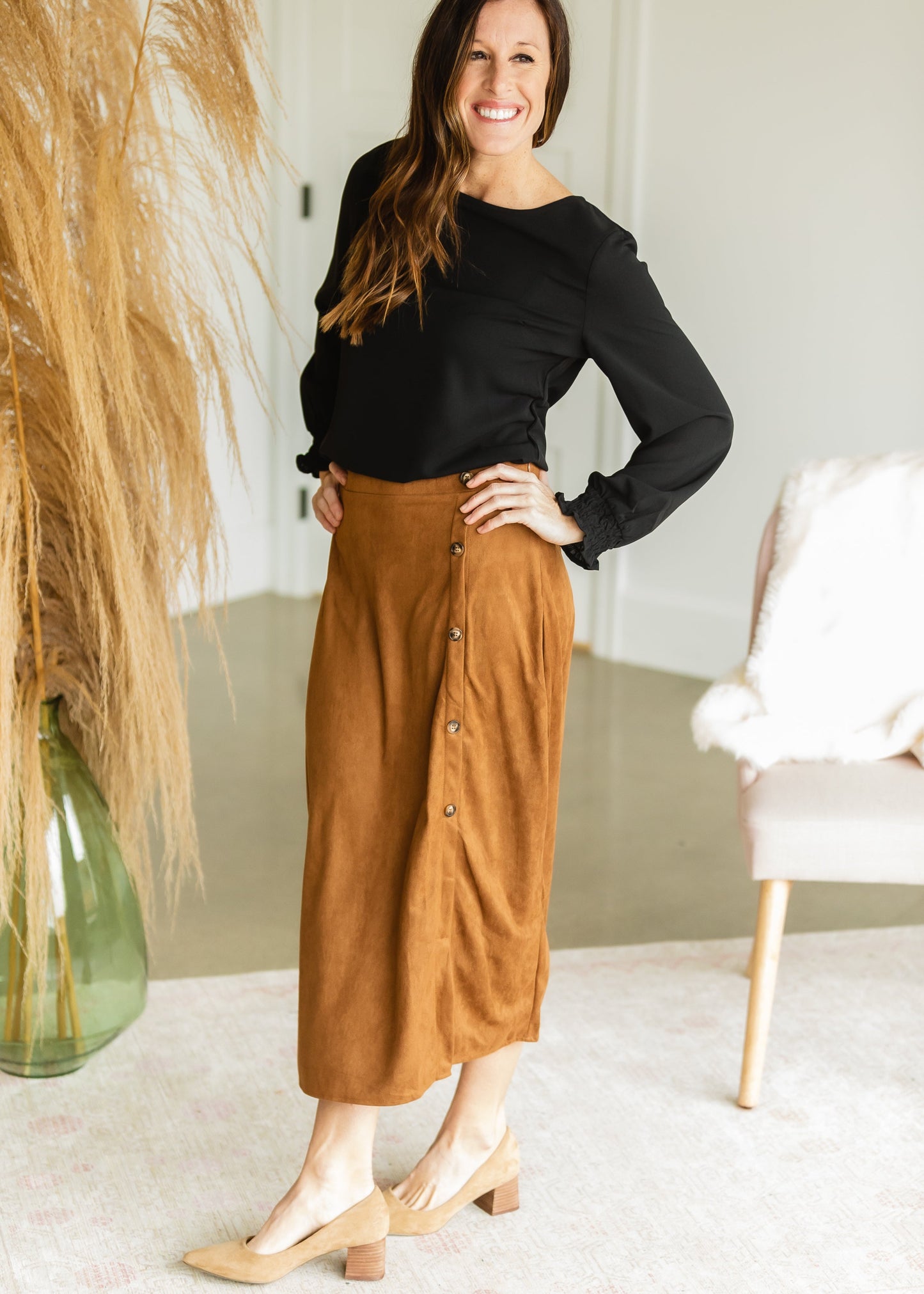 Camel Suede Button Up Midi Skirt - FINAL SALE Skirts