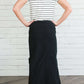 Black, tan or olive option in this long skirt with drawstring waist and side strings to adjust height from midi to maxi