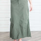Black, tan or olive option in this long skirt with drawstring waist and side strings to adjust height from midi to maxi