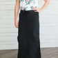 Black, tan or olive option in this long skirt with drawstring waist and side strings to adjust height from midi to maxi