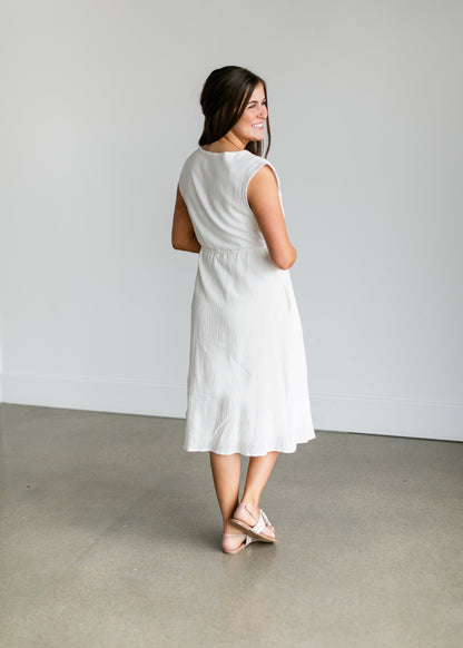 Cap Sleeve Crinkle Cotton White Midi Dress Dresses