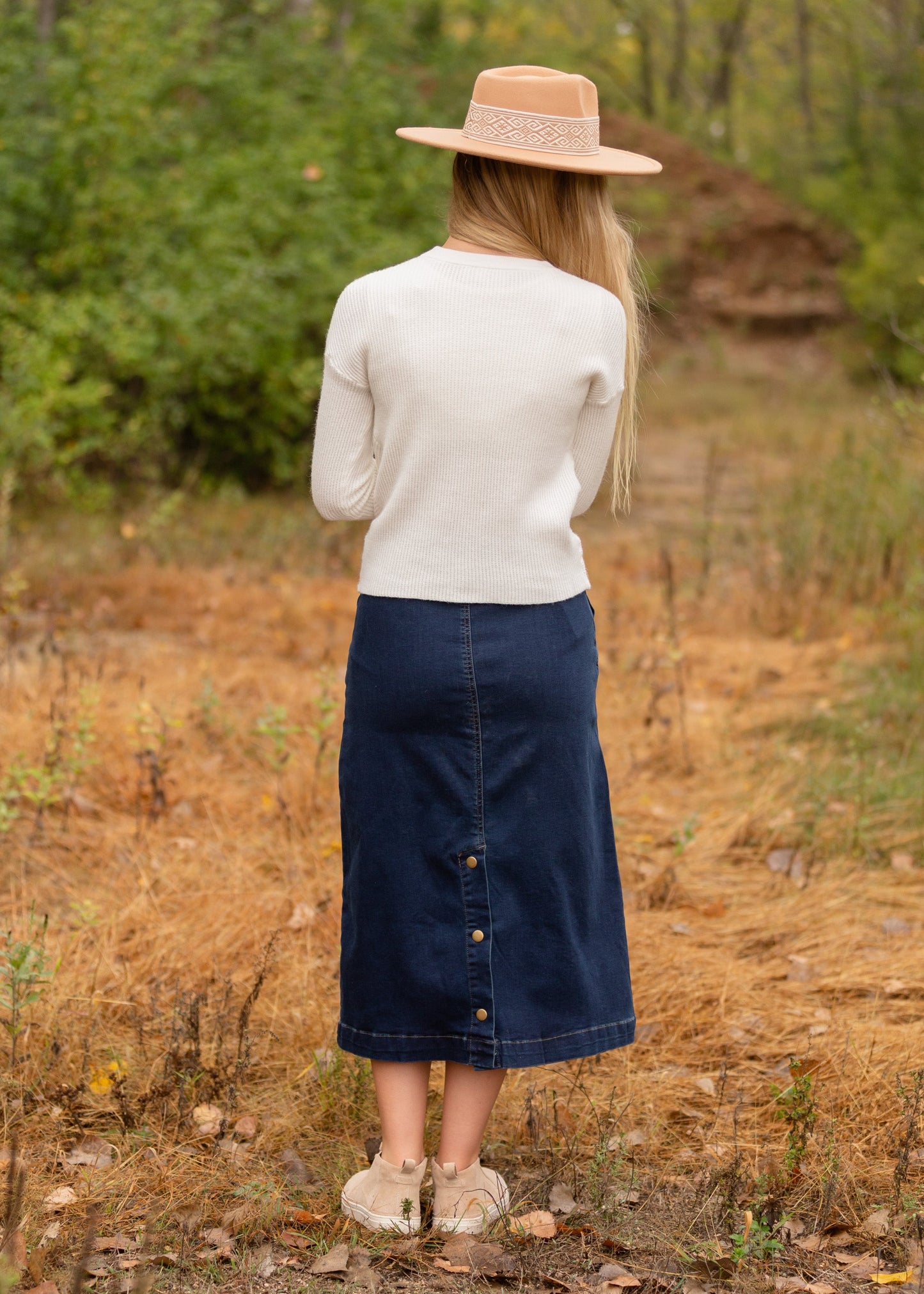 Caren Back Snap Denim Midi Skirt Skirt