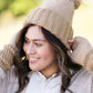 cashmere waffle knit hat and gloves in a taupe color