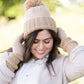 cashmere waffle knit hat and gloves in a taupe color